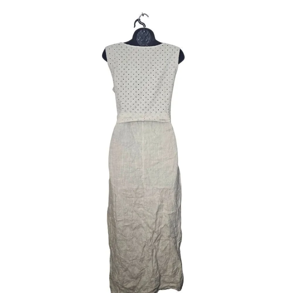 Marina Gigli Linen Dress Size Medium Sleeveless Eyelet Tie Waist